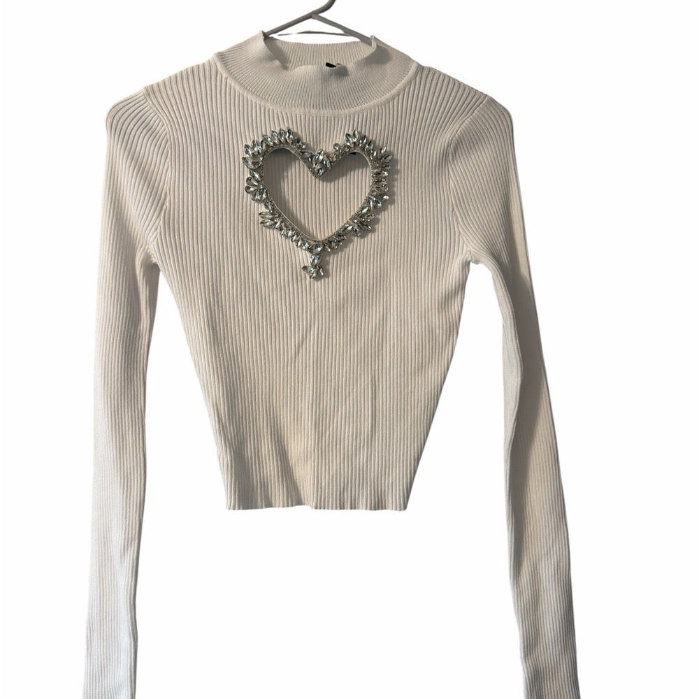 Lipstick Crystal Heart Rhinestone Cutout Ribbed Sweater Womens Small NWT White